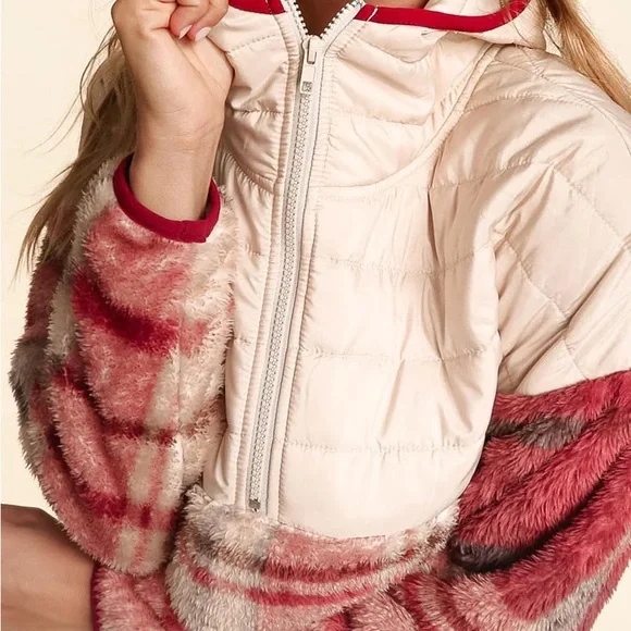 Taupe & Pink Half-Zip Plaid Hooded Sherpa Fleece & Puffer Winter Woman  Pullover - Picture 11 of 16